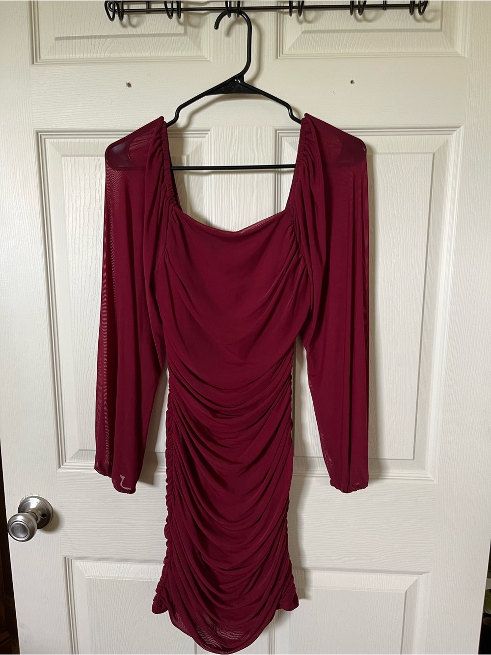 Women's Ruched Long-Sleeve Dress in Burgundy